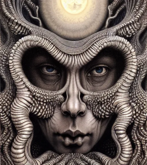Image similar to detailed realistic beautiful moon god face portrait by jean delville, gustave dore, iris van herpen and marco mazzoni, art forms of nature by ernst haeckel, art nouveau, symbolist, visionary, gothic, neo - gothic, pre - raphaelite, fractal lace, intricate alien botanicals, ai biodiversity, surreality, hyperdetailed ultrasharp octane render