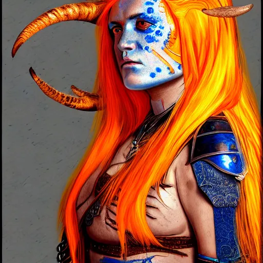 Image similar to illustrated portrait of beautiful ram-horned woman with orange skin and blue hair wearing leather armor, hyper detailed, photorealistic