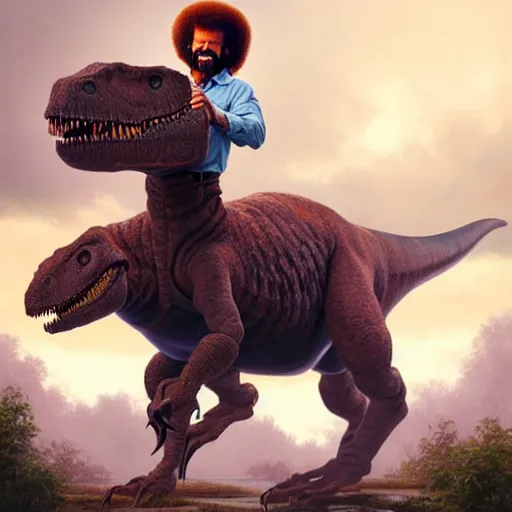 Image similar to bob ross!!! riding!!! a dinosaur!!, giant afro!, model pose, ultra realistic, concept art, intricate details, highly detailed, photorealistic, octane render, 8 k, unreal engine. art by artgerm and greg rutkowski and alphonse mucha