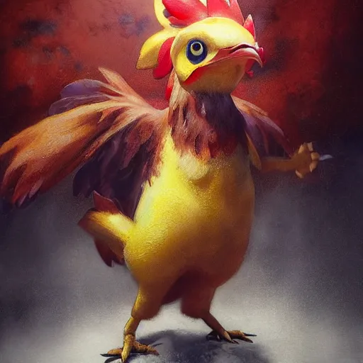 Image similar to expressive oil painting of ( ( ( rooster ) ) ) pikachu chimera, by jean - baptiste monge, octane render by yoshitaka amano, by greg rutkowski, by jeremyg lipkinng, by artgerm