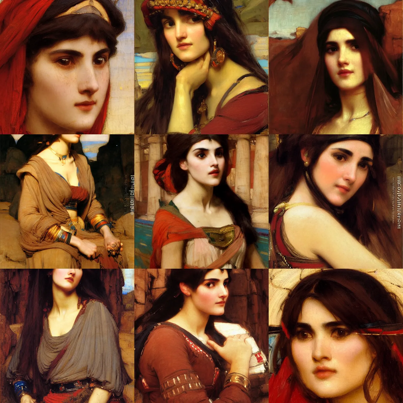 Prompt: orientalism portrait of a cute woman in the desert face detail by john william waterhouse and theodore ralli and nasreddine dinet and thomas lawrence, masterful intricate artwork, excellent lighting, high detail 8 k