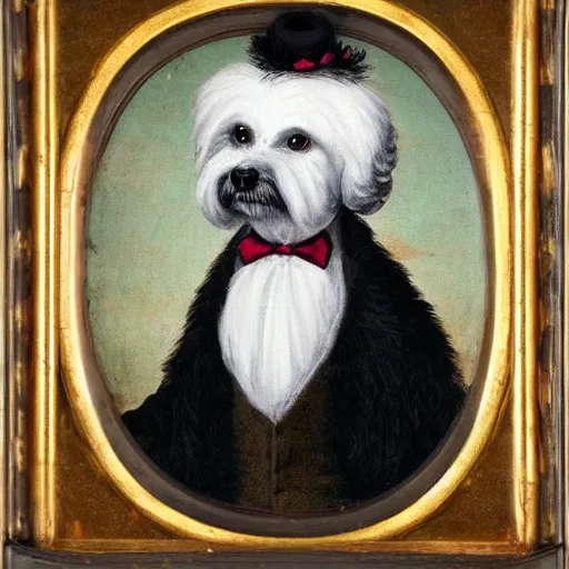 Prompt: A black coton de tulear dog with black fur dressed up as a dapper english gentleman wearing a frilly hat, renaissance oil painting, highly detailed