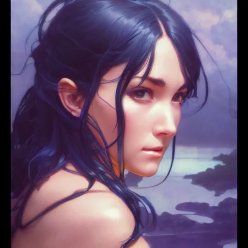 Image similar to highly detailed vfx portrait of nico robin, greg rutkowski, makoto shinkai, tom bagshaw, alphonse mucha, sharp focus, art by artgerm and greg rutkowski, backlit, harsh overhead sunlight, blue eyes,