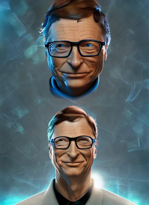 Image similar to big - headed bill gates superhero, hyper detailed, digital art, trending in artstation, cinematic lighting, studio quality, smooth render, unreal engine 5 rendered, octane rendered, art style by klimt and nixeu and ian sprigger and wlop and krenz cushart.