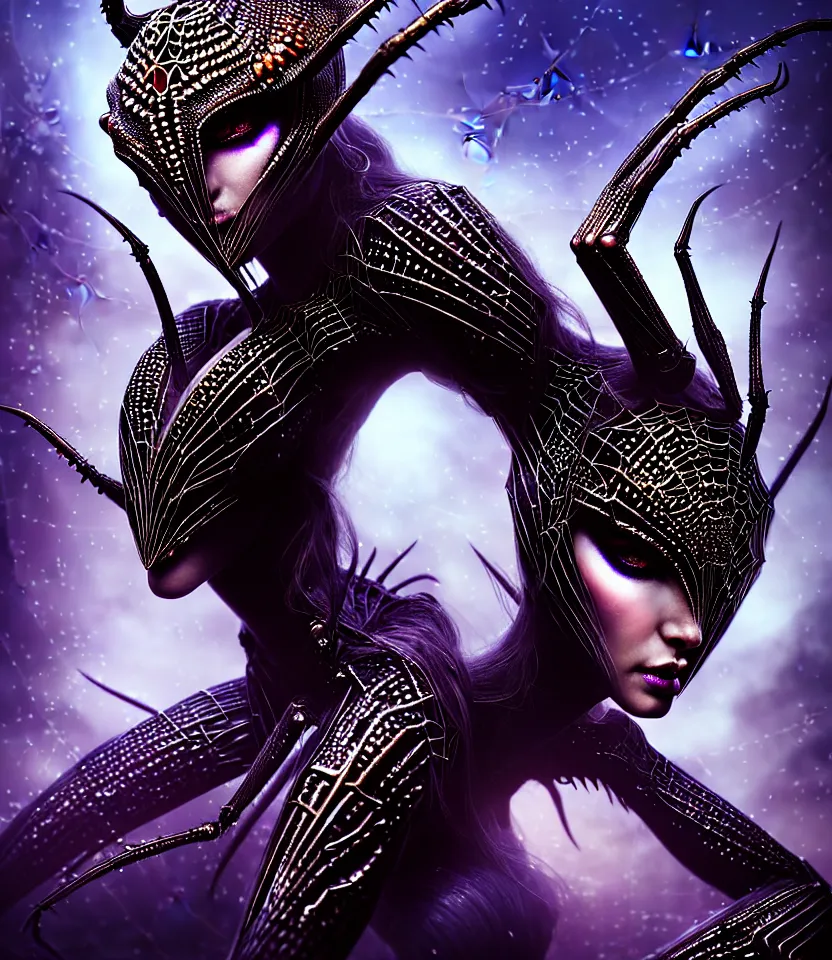 Image similar to close up portrait on the enchanting femenine queen of the zerg, hyper attractive, seductive, very complex, hyper-maximalist, overdetailed, legendary cinematic, darkfantasy, archetype with timeless beauty breathtaking eyes, her spider like legs spread evenly around her framing the image, collossal alien ship in the sky behind her, highly intricate, digital art, very elegant, HDR 8K, biblical art, realism, incomprehensible yet perspicious detail, unbeatable quality, silent hill aesthetic, photorealistic, lifelike, DSLR 8k, unbeatable coherency, Omnious intricate, octane render, created Nixeu & z--ed from deviantart