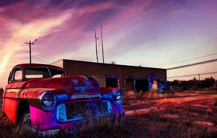 Image similar to A sunset light landscape with historical route66, lots of sparkling details and sun ray’s, blinding backlight, smoke, volumetric lighting, colorful, octane, 35 mm, abandoned gas station, old rusty pickup-truck, beautiful epic colored reflections, very colorful heavenly, softlight