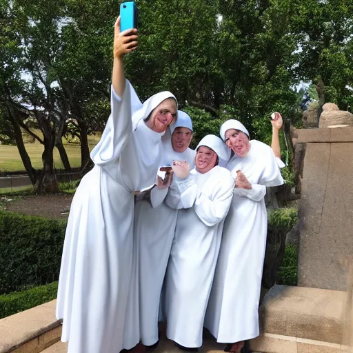 Prompt: group of nuns taking a selfie with a selfiestick, statue of david