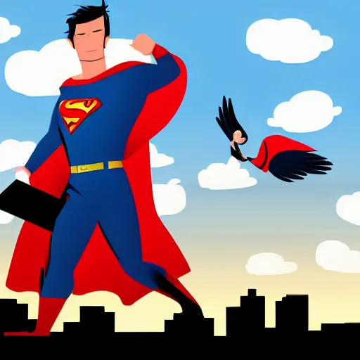 Image similar to developer superhero with laptop flying to save the day, dramatic cinematic