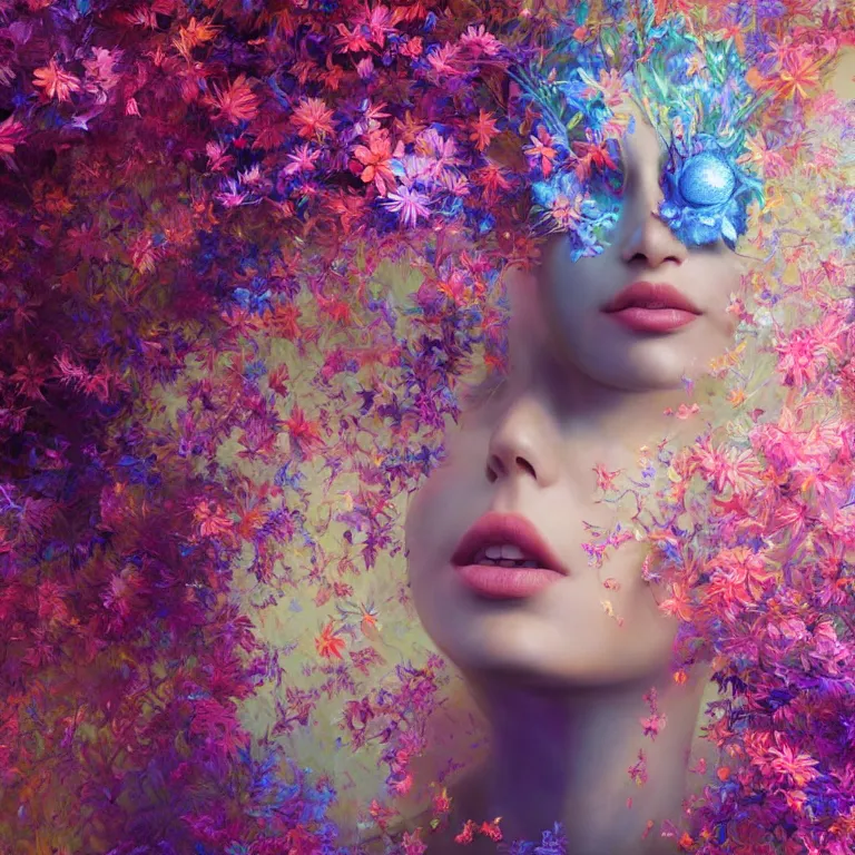 Image similar to a beautiful oil painting hyperrealism of a beautiful woman's head, flowers, floral headdress, 8 k resolution, octane render, trending on artstation, by gediminas pranckevicius, volumetric light 2 blue fractal thunder glow by dan mumford, anaglyph effect, laurie lipton
