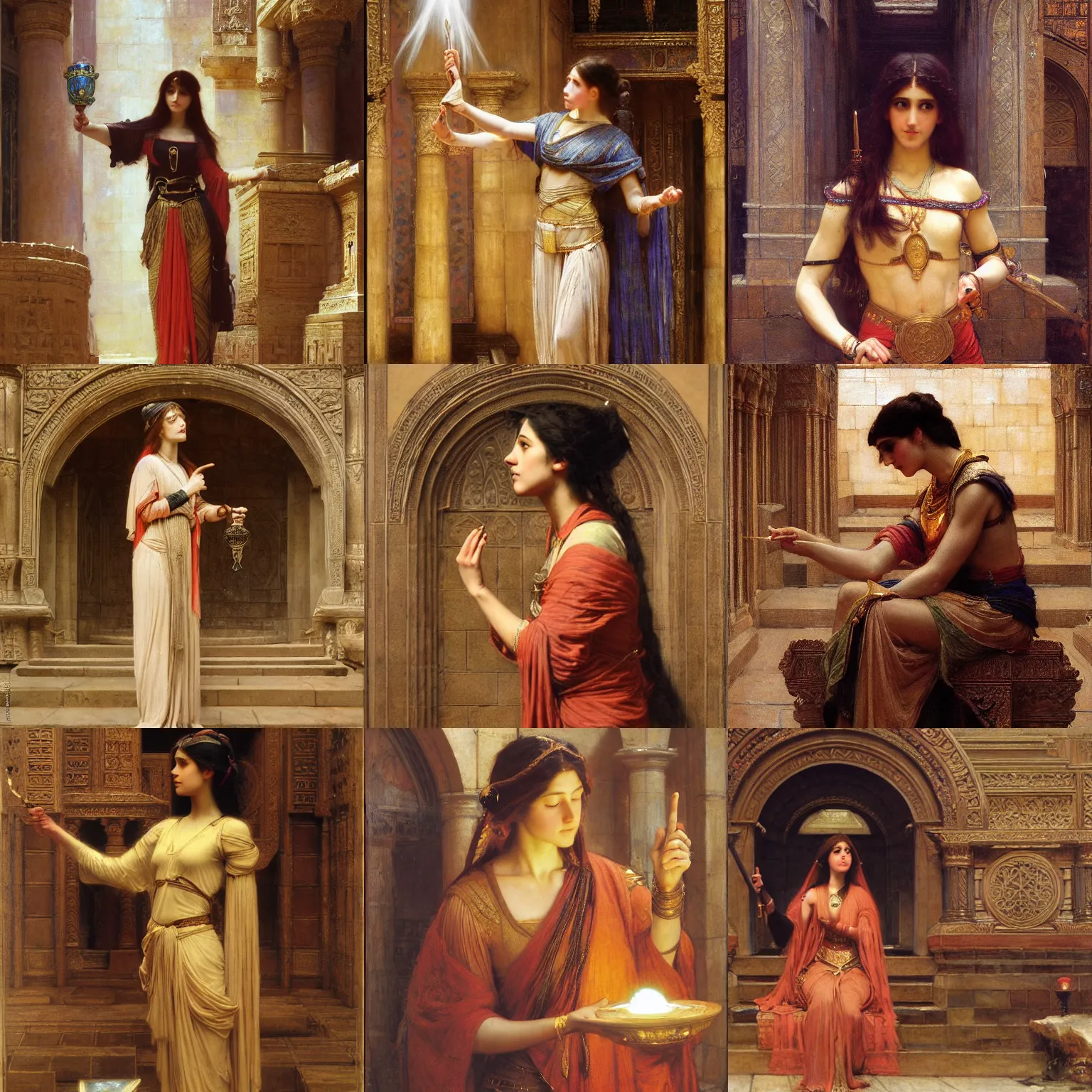 Prompt: orientalist portrait of a female mage casting a glowing magic spell in a sandstone temple intricate portrait by john william waterhouse and Edwin Longsden Long and Theodore Ralli and Henryk Siemiradzki, very coherent symmetrical artwork. Cinematic, hyper realism, high detail 8k