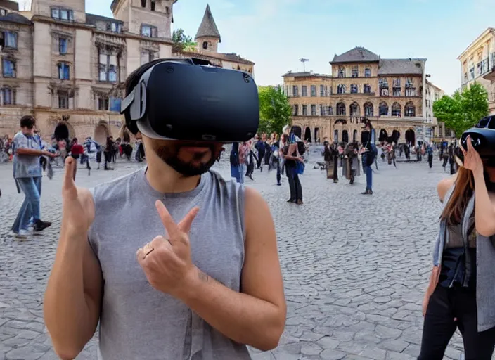 Prompt: a city square and everyone in the city square is wearing a vr headset ignoring each other