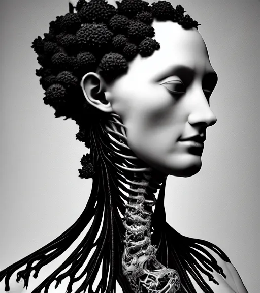 Prompt: dark background, a black and white high quality dreamy photo of a young beautiful female queen-vegetal-cyborg bust with a very long neck and delicate Mandelbrot fractal face, anatomical, facial muscles, veins, arteries, elegant, highly detailed, flesh highly baroque ornate, hair are curled wired cables, elegant, poetic, soft, dreamy, mysterious, high fashion, rim light, in the style of Ellen von Unwerth, Realistic, Refined, Digital Art, Highly Detailed, Cinematic Lighting, rim light, black and white, photo-realistic, 8K