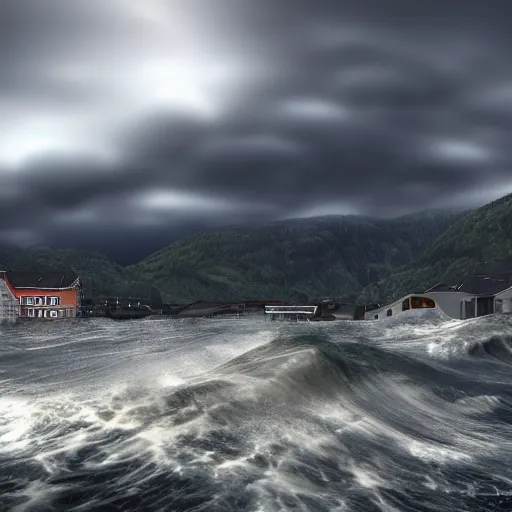 Image similar to a huge tsunami wave hits bergen, realistic, hdr, clear image, hdd, dynamic lighting, rtx on, clear image,