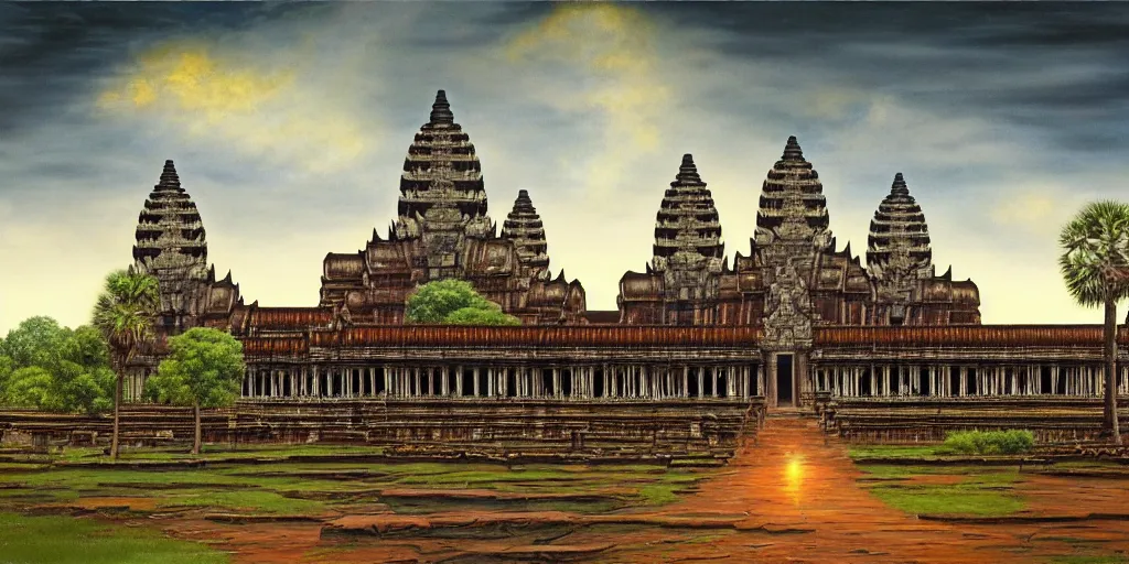 Image similar to fantasy oil painting, mega structure city of angkor wat, fantasy, colossal, gate, looming, small buildings, warm lighting, street view, silhouetted figure standing overlooking, space port city, epic, distant mountains, bright clouds, luminous sky, cinematic lighting, michael cheval, david palladini, artstation, oil painting, vray, 8 k hd