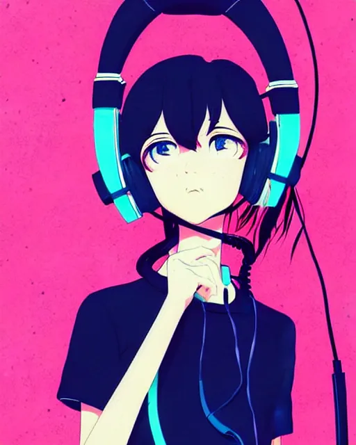 Image similar to girl wearing headphones, city background, very anime!!! anime!! intricate details, high contrast colors, poster background, art by conrad roset and ilya kuvshinov