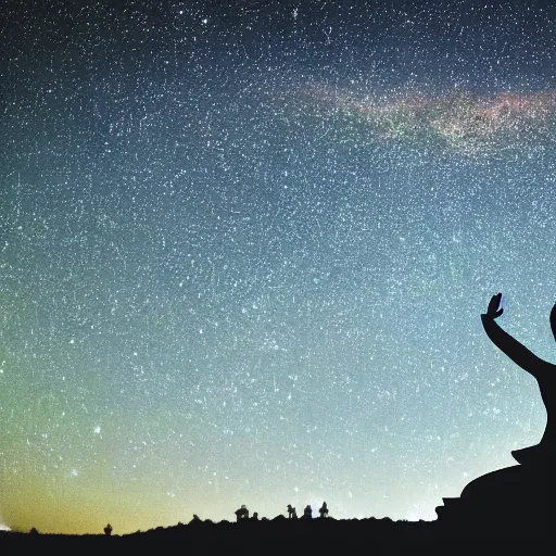 Prompt: Film still of silhouette of indian statue, sukhasana, starry sky with flying saucer, ufo, ufo, ufo, with radiating hill, full shot