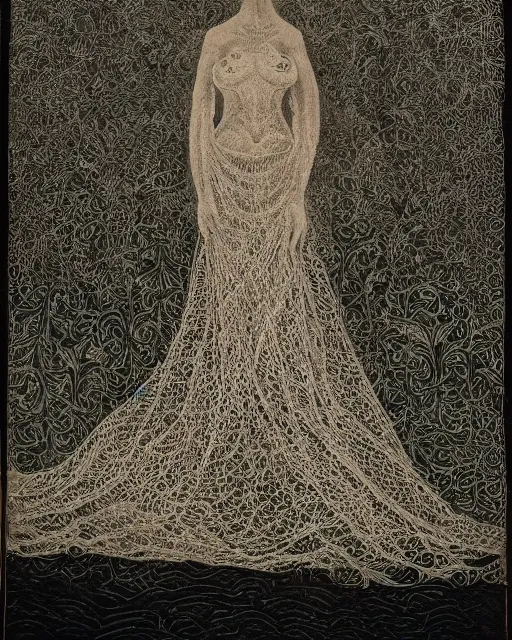 Image similar to a woman standing by the sea, made of intricate decorative lace leaf skeleton, in the style of the dutch masters and gregory crewdson, dark and moody