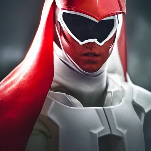 Image similar to headshot of a tall athletic muscular infantry man in glossy sleek white armor with tiny red details and a long red cape, heroic posture, strong jawline, on the surface of mars, night time, dramatic lighting, cinematic, sci-fi, hyperrealistic