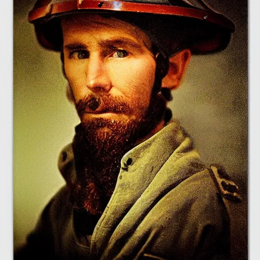 Prompt: australian bushranger wearing metal helmet, award winning epic action photography in rich colors