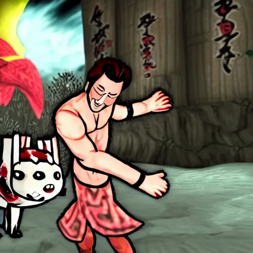 Prompt: Markiplier was absorbed into the Okami game. He must now befriend Okami in order to escape. Screenshot of the Markiplier character in the Playstation 2 game Okami. HDR, 4k, 8k, Okami being petted by Markiplier, who is looking at the camera.