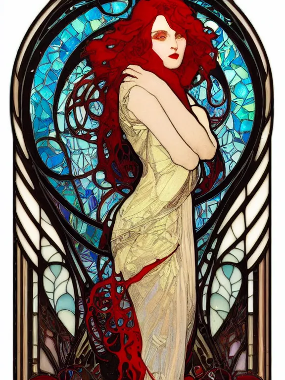 Prompt: art nouveau door glass style by alfons mucha and greg rutkowski, glass mosaic, a beautiful woman with black lips and red hair, intricate detail, very high quality, masterwork