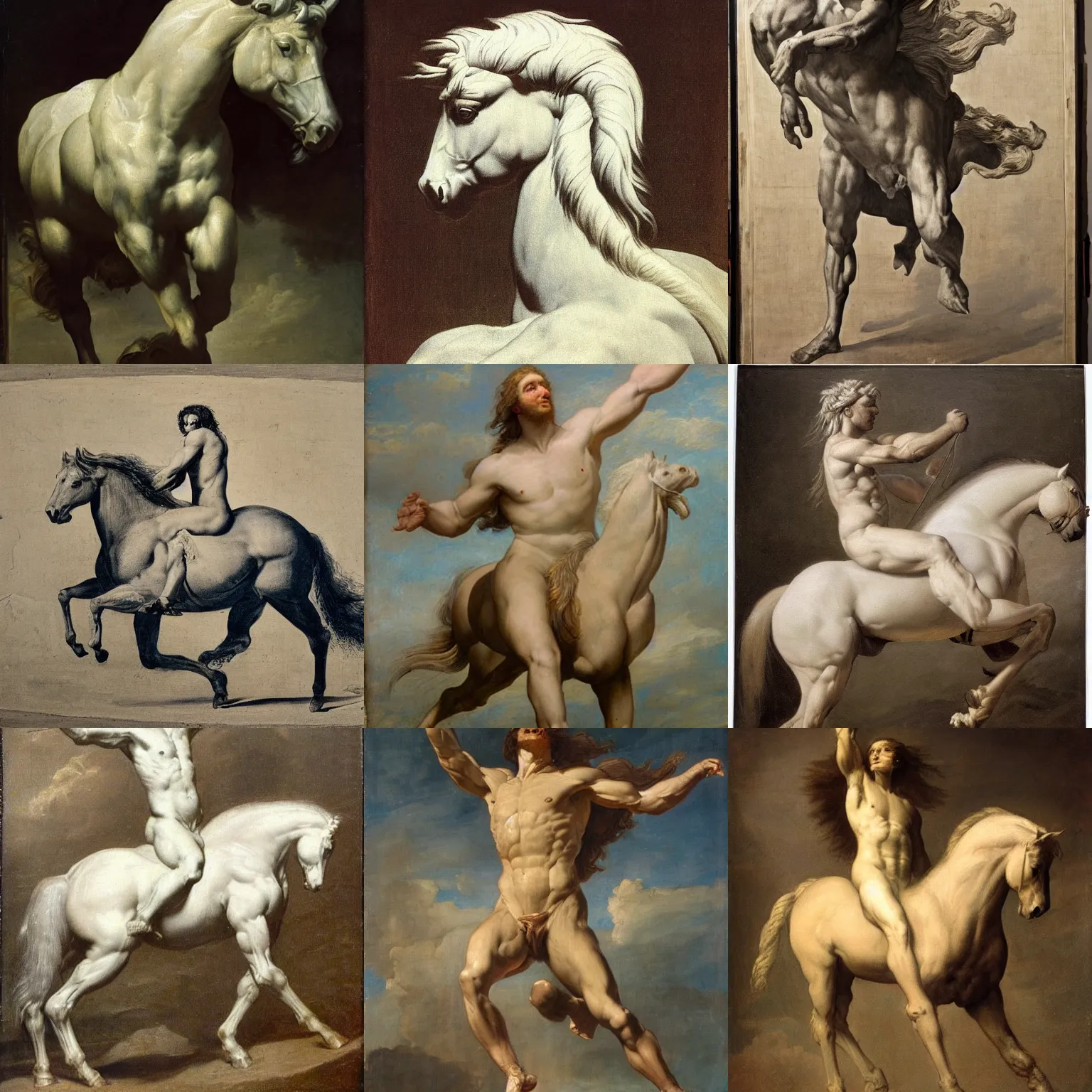 Prompt: studio photo of a white greek mythology painting of a horse human hybrid by jean baptiste regnault. with the body of a horse and the torso, head and arms of a human. horse, centaur, centaur horse,
