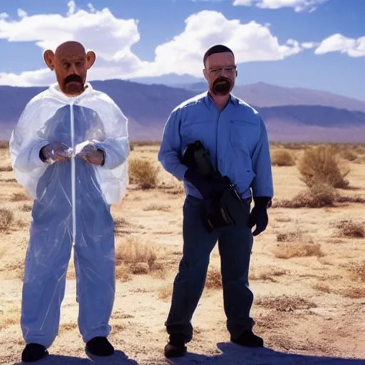 Prompt: Ted bear and walter white holding ziploc bags of crystal blue meth, in the desert, film still, 4k, photorealistic, hd