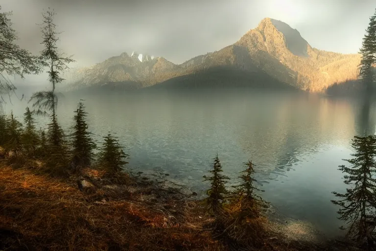 Image similar to a lake with mountains and a foggy forest in the background, moody, dark, cinematic, dynamic lighting, trending on artstation