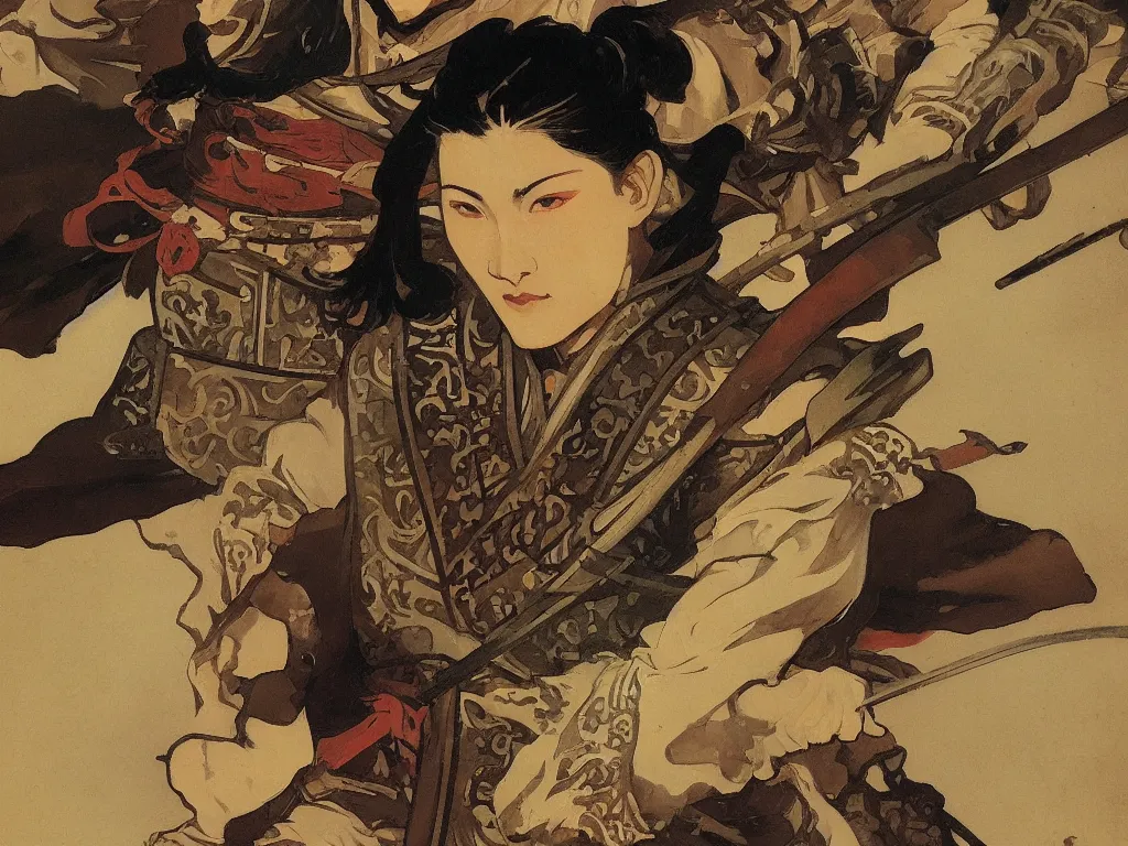 Prompt: close up of a samurai in full armor, by fiona staples, alphonse mucha, greg manchess