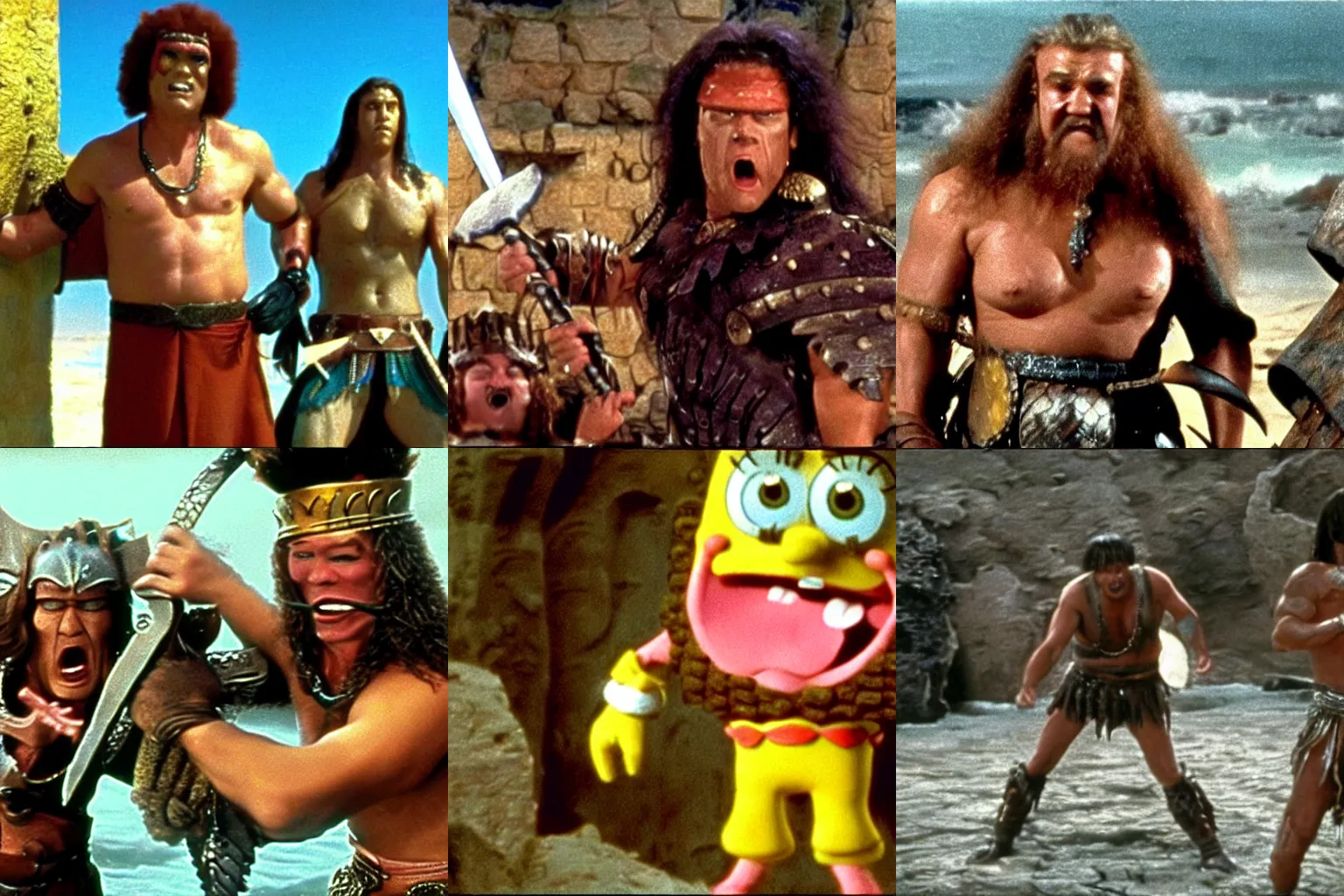 Prompt: film still of spongebob squarepants as conan in conan the barbarian ( 1 9 8 2 )