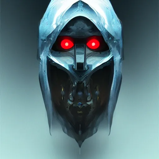 Prompt: award - winning. trending on artstation. 4 k. eerie tone. a robotic figure wearing a hooded cape made of the night sky with 1 5 dark blue glowing eyes on its face and rows of teeth on its chest. portrait.