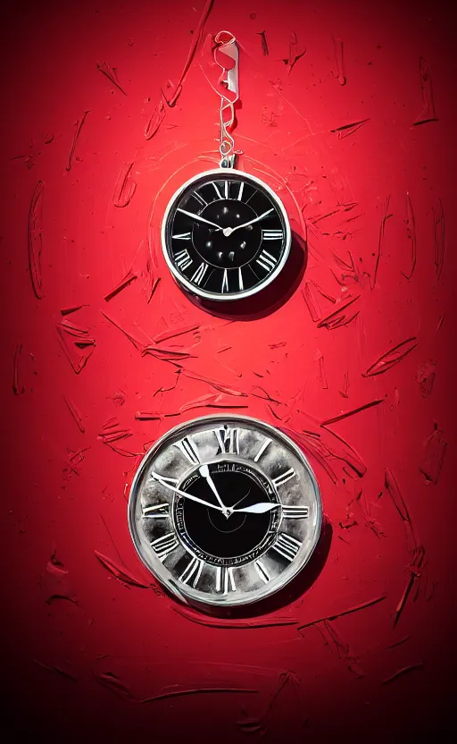 Image similar to a melting Roman numeral clock, behind a red and black gradient background, awith a black heart shaped on the top left corner and a black diamond card shape in the bottom right corner, dynamic lighting, photorealistic fantasy concept art, trending on art station, stunning visuals, cinematic, creative, ultra detailed