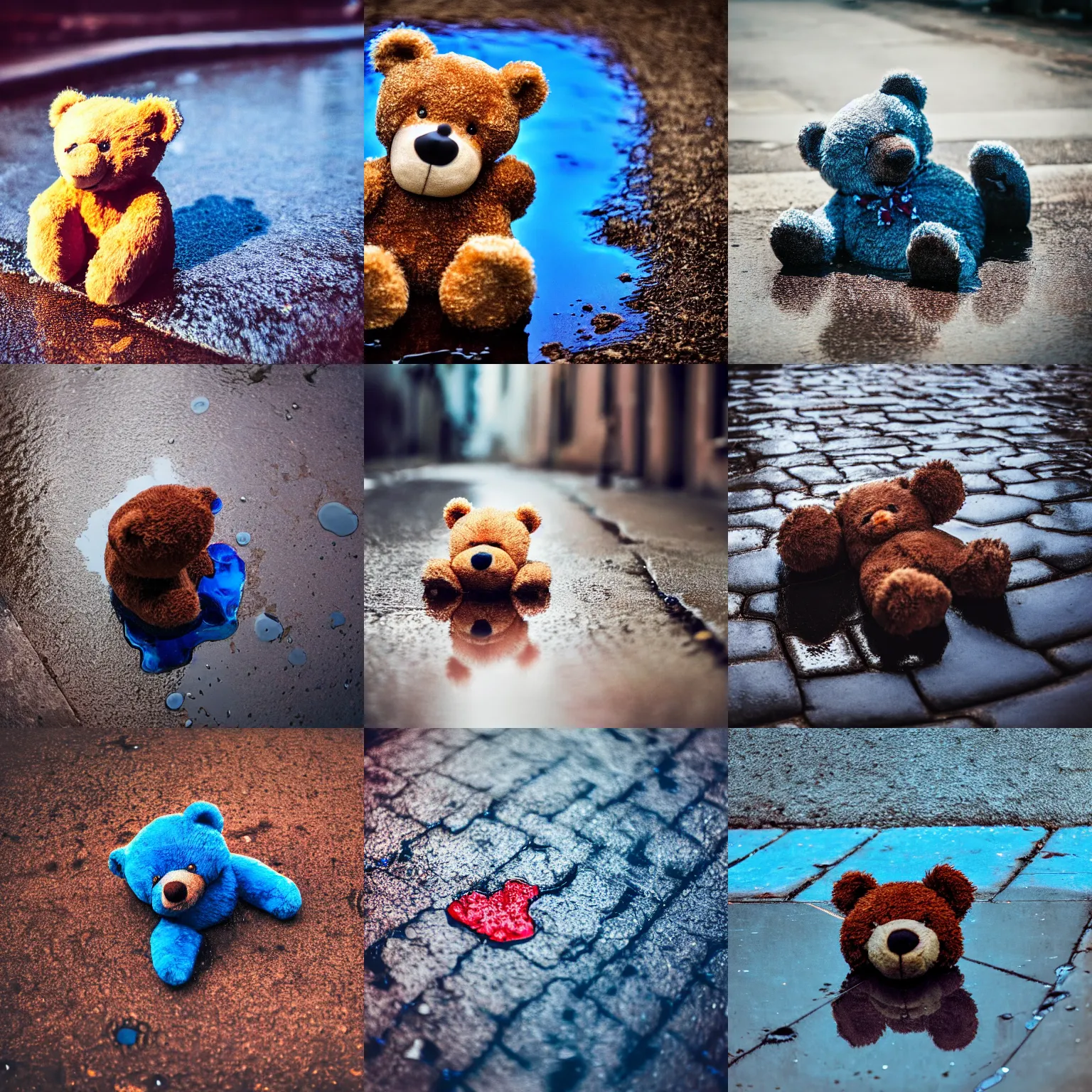 Prompt: close up photo of a teddy bear lying in a puddle in a back street, lighting dual tone blue red, cinematic, depth of field, blur, atmospheric, 8k, trending on artstation