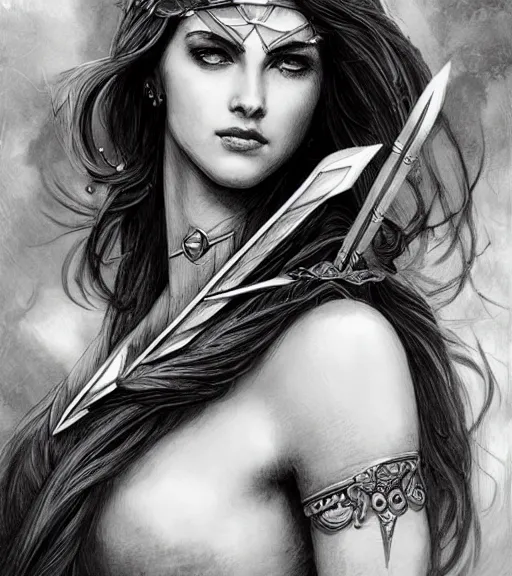 Image similar to beautiful aphrodite goddess wearing an arrow on her head, realistic face, beautiful eyes, black and white drawing, in the style of greg rutkowski, fantasy, amazing detail, epic, intricate, elegant, smooth, sharp focus