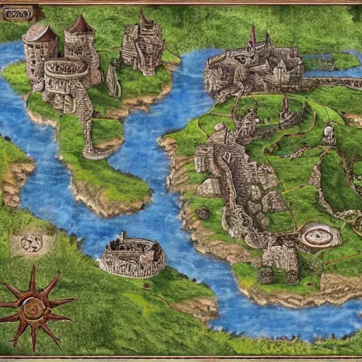 Image similar to RPG fantasy map with castles, mountains and rivers, intricate details, extremely detailed, sharp features