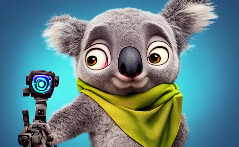 Image similar to “ one cute koala with very big eyes, wearing a bandana and chain, holding a laser gun, standing on a desk, digital art, award winning, in the style of the movie zootopia ”