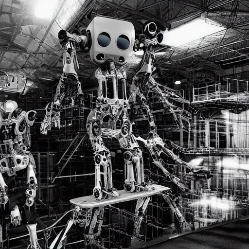 Prompt: scientists discovering a humanoid mechanical robot inside a warehouse, 1 9 2 0's sci - fi, black and white, 8 k, highly ornate intricate details, extreme detail,