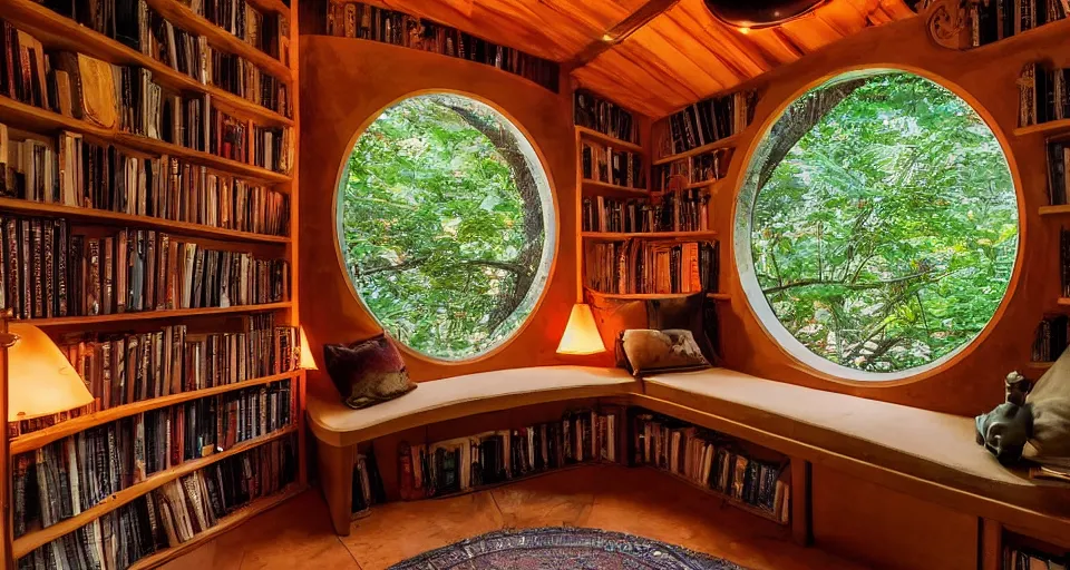 Prompt: A scene from a 2022 Marvel film featuring a cozy art deco reading nook inside a fantasy treehouse. Disorganized Books. Elevated platforms. Golden Hour. 8K UHD.