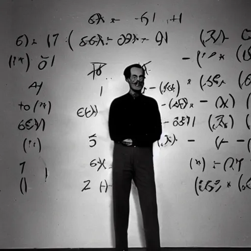 Prompt: richard feynman standing in front of equations on a blackboard, 1960s,