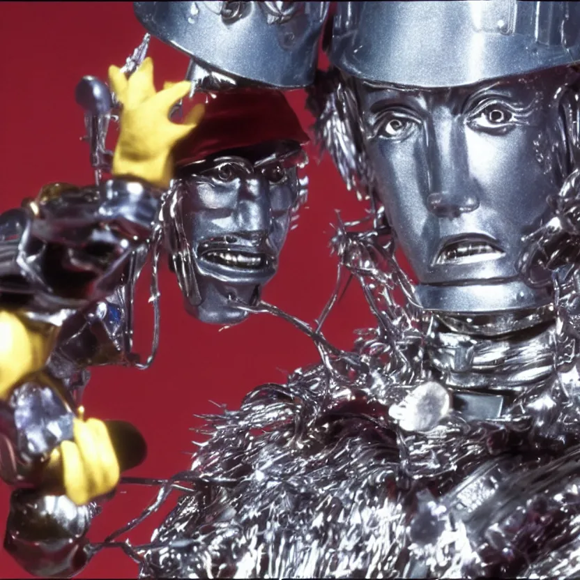 Prompt: a still from a tv commercial for an action figure of happy christopher walken as the tin man from the wiz the movie, singing & dancing, 4 k, highly detailed, award winning, look at all that detail!