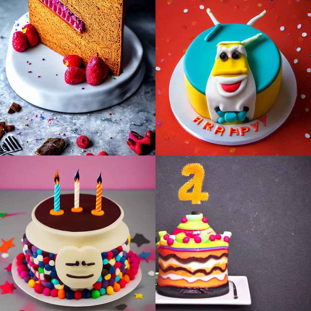 Prompt: Anthropomorphic birthday cake, 4k, DSLR photo, food photography