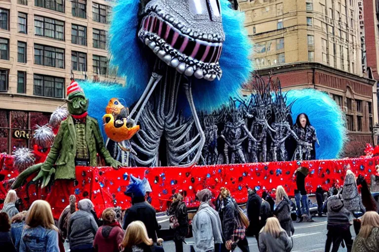 Prompt: photo of giant beautiful elaborate parade float character designed by ( ( ( ( ( ( ( ( giger ) ) ) ) ) ) ) ) and wes anderson!!!!!!!!!!!!!!, in the macys parade, detailed 4 k photo,