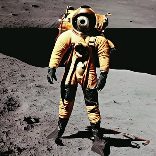 Prompt: photo of a diver wearing an old diving suit on the moon posing with an electric guitar electric guitar electric guitar electric guitar. detailed. old diving suit photos. colorized. rockstar