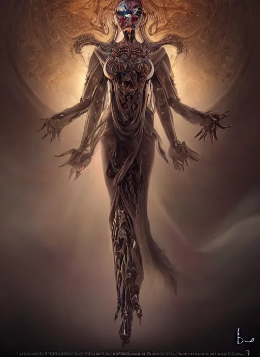 Image similar to epic portrait of menacing and agitated yet stunningly beautiful biomechanical djinn divine priest of creation overseeing the iridescent fabric of the universe, by charlie bowater, mandy jurgens, gustav klimt, octane render, dramatic camera angle, 4k, 8k, high detail, HDR, by tom bagshaw, powerful, with inspiration from Beksinski, inspired by greek goddess Athena