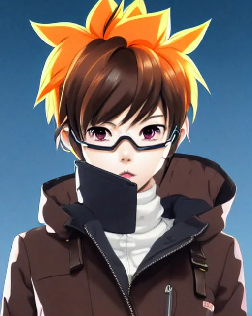 Image similar to Anime as Tracer Overwatch wearing snowboard mask, wearing brown leather coat || cute-fine-face, pretty face, realistic shaded Perfect face, fine details. Anime. realistic shaded lighting poster by Ilya Kuvshinov katsuhiro otomo ghost-in-the-shell, magali villeneuve, artgerm, Jeremy Lipkin and Michael Garmash and Rob Rey as Overwatch Tracer