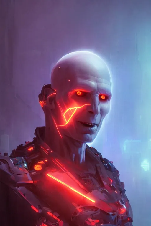 Image similar to cyborg Lord Voldemort without nose in cyberpunk, neon lighting, digital art from artstation by Ruan Jia and Mandy Jurgens and Artgerm and william-adolphe bouguereau and Greg Rutkowski and Wayne Barlowe