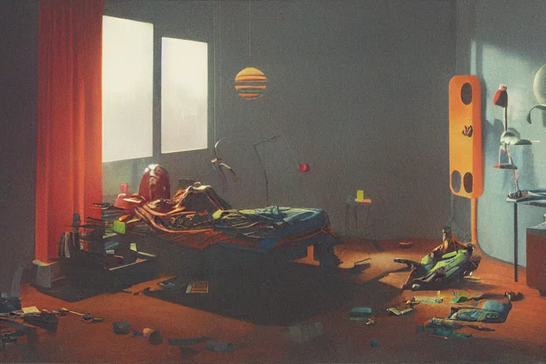 Image similar to IKEA catalogue photo, cyberpunk teenager bedroom, robots, by Beksiński