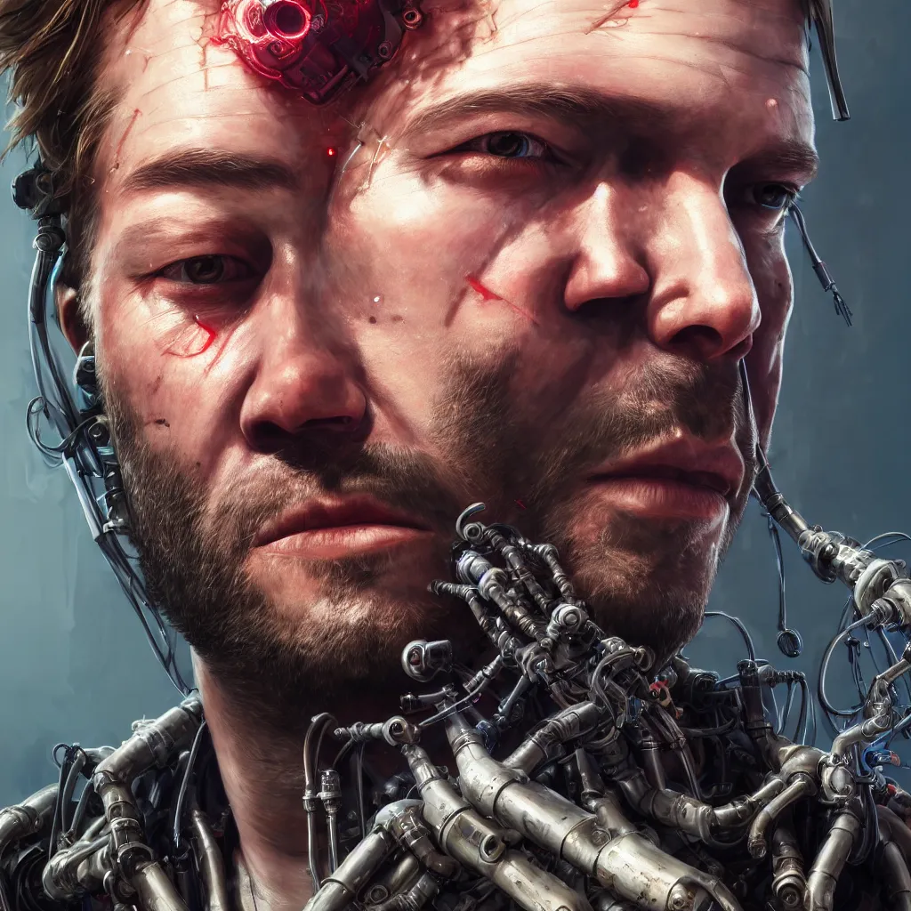 Image similar to a single close-up portrait of Arthur Morgan from Red Dead Redemption as a cyborg, barely human and largely biomechanical machine, hyper-realistic cyberpunk style, Peter Mohrbacher Takayuki Takeya moody, face by Yanjun Cheng, Irakli Nadar, dramatic cinematic lighting rendered by octane, 8k, detailed, intricate, clean and textures, trending on artstation, deviantart google images, pinterest