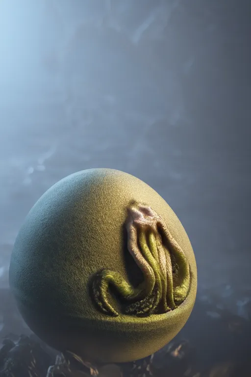 Prompt: photoreal render of cthulhu egg, presented nicely, rendered in octane, realistic, film grain, 3 5 mm, 1 6 0 0 iso, sony a 7 riv, 8 k, unreal engine, wind, mythical, surrounded by mist, surreal
