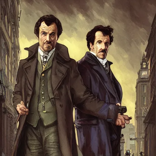 Image similar to [UHD Sherlock Holmes and Watson as GTA characters on the streets of London in 2169, correct faces, intricate, elegant, graphic detail, digital painting, trending on artstation, concept art, tonalism, sharp focus, illustration, art by Miguel Vasquez and Greg Rutkowski and Alphonse Mucha]